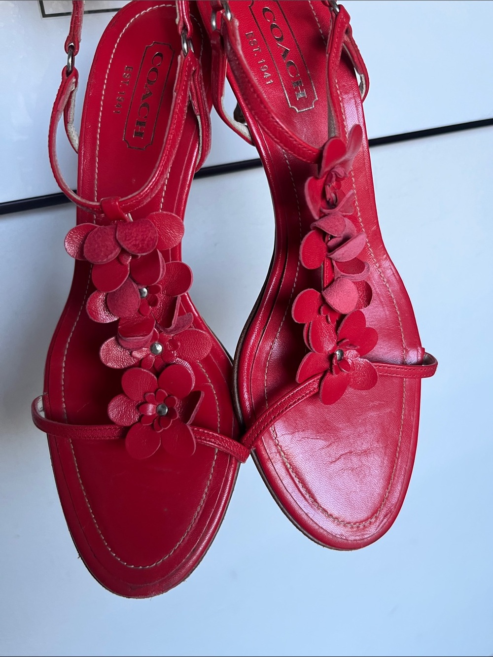 COACH Red Floral Appliqué T-Strap Sandals - Picture 3 of 7